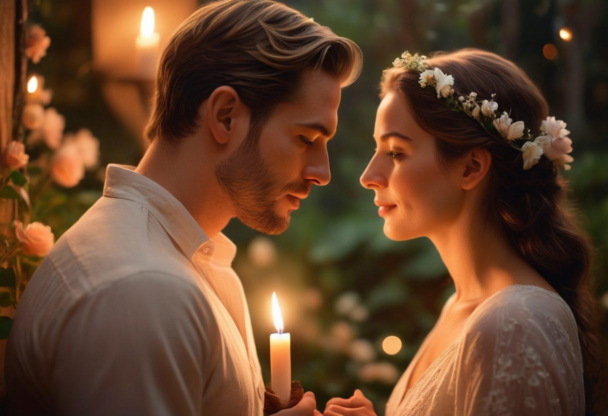 A serene couple engaging in a mindful connection, surrounded by warm candlelight, with a beautiful, soft-focus backdrop of nature. The couple gazes into each other's eyes, reflecting deep intimacy and passion, while gentle floral elements softly frame the scene. Ethereal light glows around them, symbolizing unity and desire. super-realistic. warm tones. soft lighting.