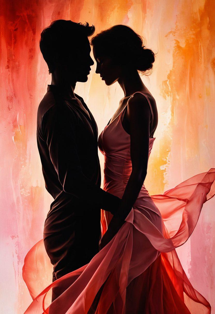 A sensual and elegant scene depicting a silhouette of a couple intertwined, with a soft glow highlighting their faces, surrounded by abstract representations of desire such as flowing fabrics and warm colors. The background should have subtle hints of a romantic sunset creating an intimate atmosphere. Paint in rich tones of red, gold, and soft pinks that evoke feelings of passion and intimacy. super-realistic. vibrant colors. soft focus.