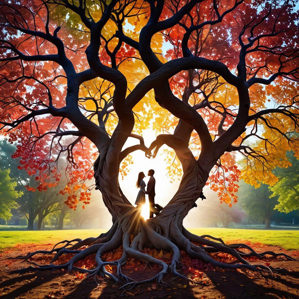 A heart-shaped tree with vibrant, intertwined roots symbolizing deep emotional connections. Colorful leaves representing passion and joy scattered around the ground, with gentle sunlight filtering through, creating a serene atmosphere. Silhouettes of couples holding hands in the background, representing unity and healing. super-realistic. vibrant colors. soft focus.